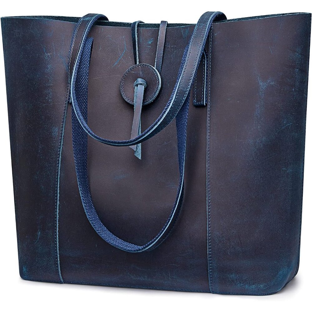 Dark Blue Vintage Leather Tote Bag - Chic Ladies Shoulder Purse, Large Capacity